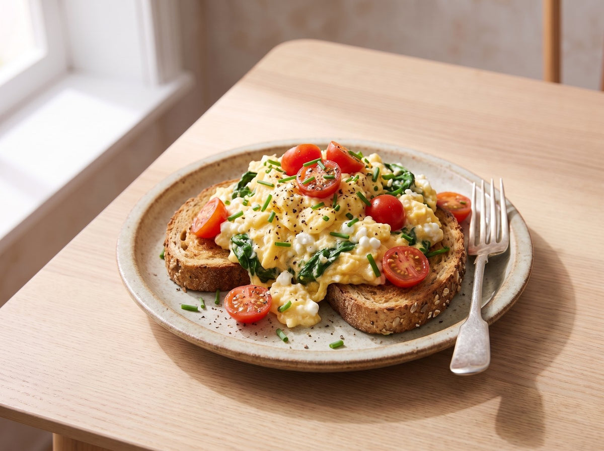 Hüttenkäse-Rührei mit Spinat auf Vollkornbrot