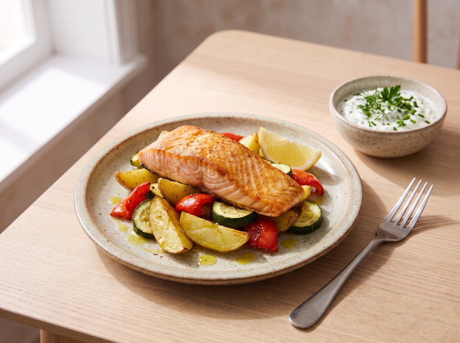 Lachs mit Ofengemüse und Kräuterquark