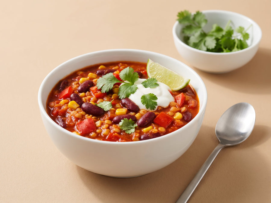 Chili sin Carne mit Bohnen, Mais, Joghurt und Koriander in einer weissen Schale