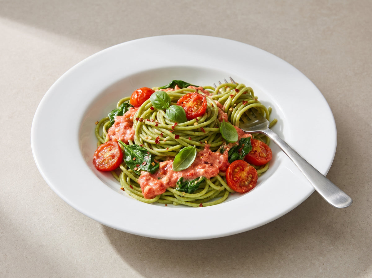 Grüne Edamame-Spaghetti mit cremiger Tomatensauce, Spinat und Basilikum