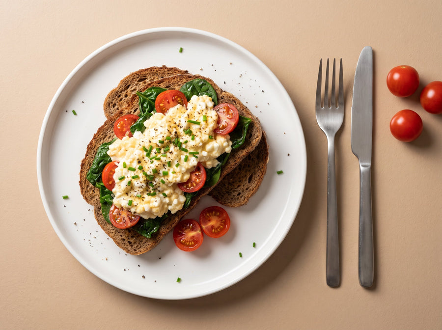Hüttenkäse-Rührei mit Spinat auf Vollkornbrot