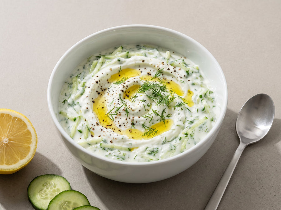 Joghurt-Gurken-Dip mit Zitrone und Dill in einer weissen Schale