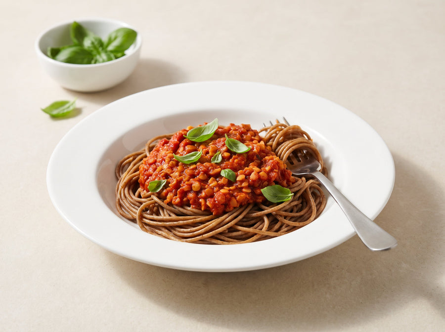 Linsen-Bolognese mit Vollkornspaghetti