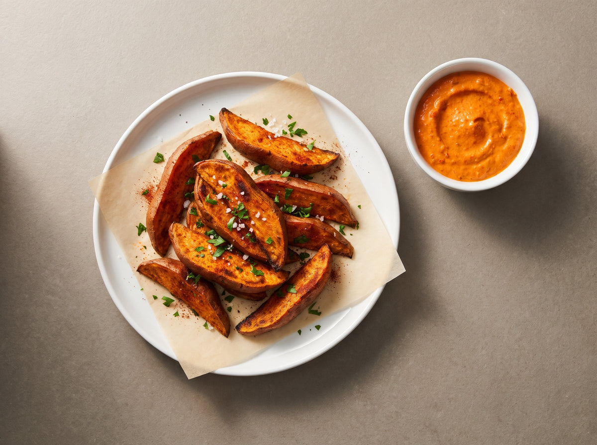 Süsskartoffel-Wedges mit Petersilie und Paprika-Dip