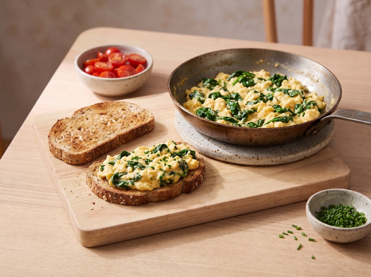 Toast the bread, spread the scrambled eggs on top and serve with...