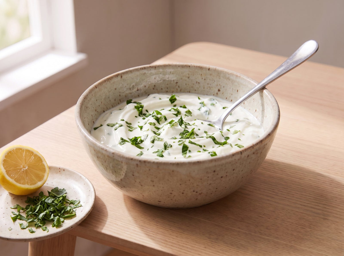 Mélange le séré avec les herbes, le jus de citron, le sel...