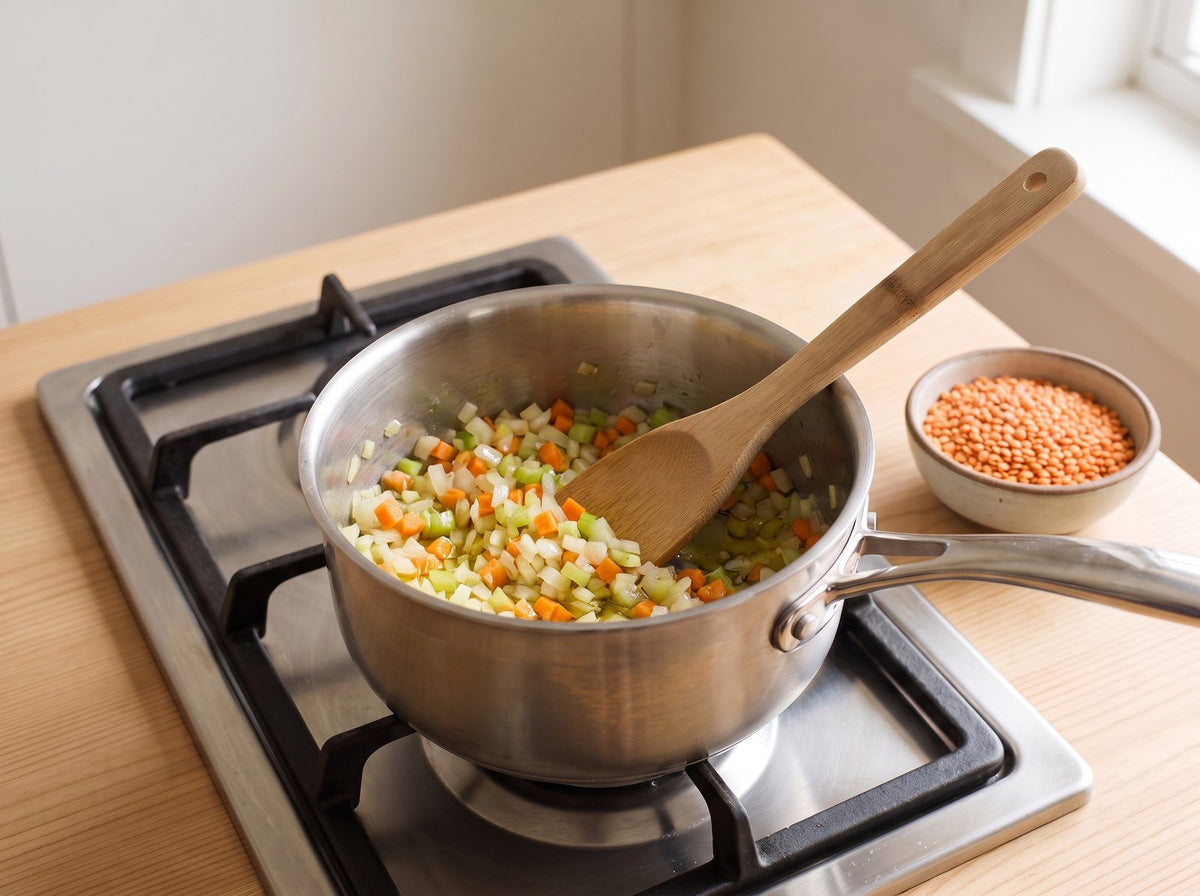 Finely dice the onion, garlic, carrot and celery and sweat them in...