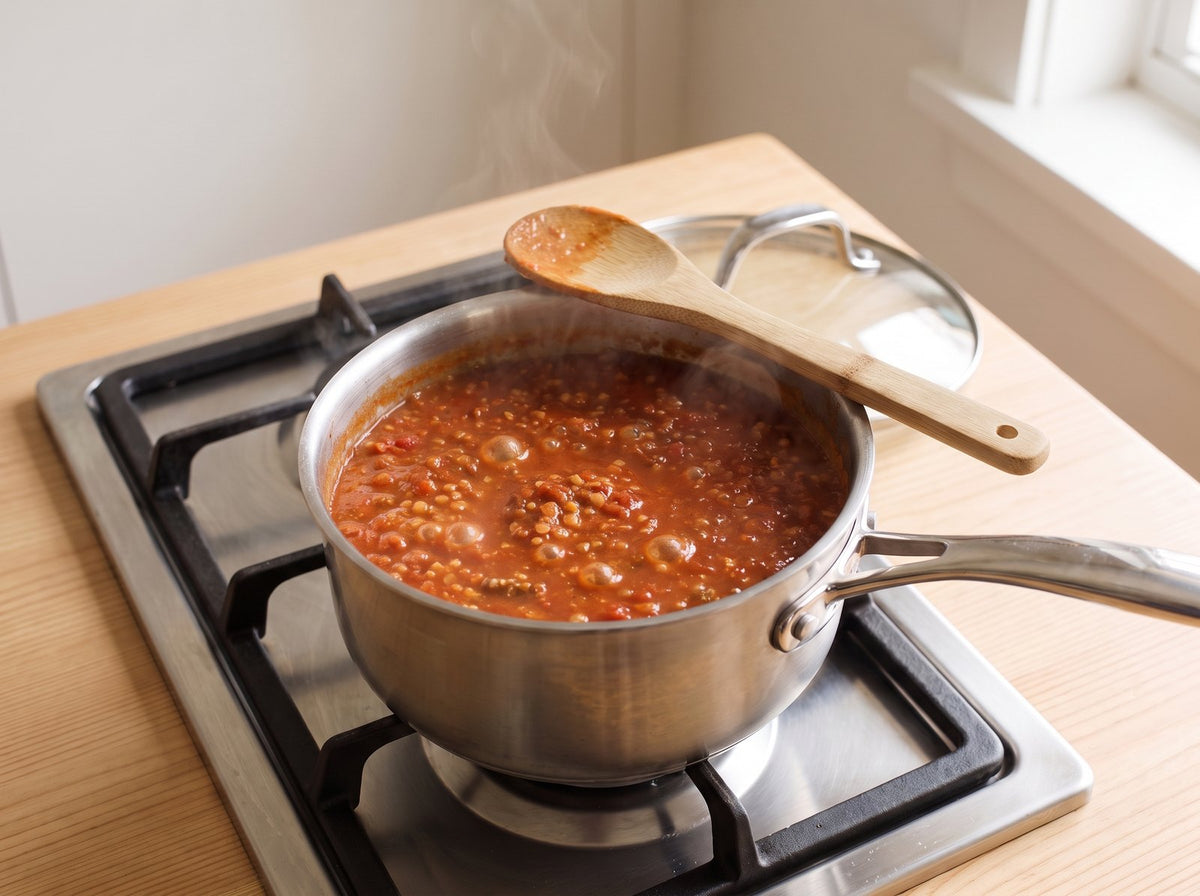 Briefly fry the tomato paste. Add the lentils, passata, water and spices...