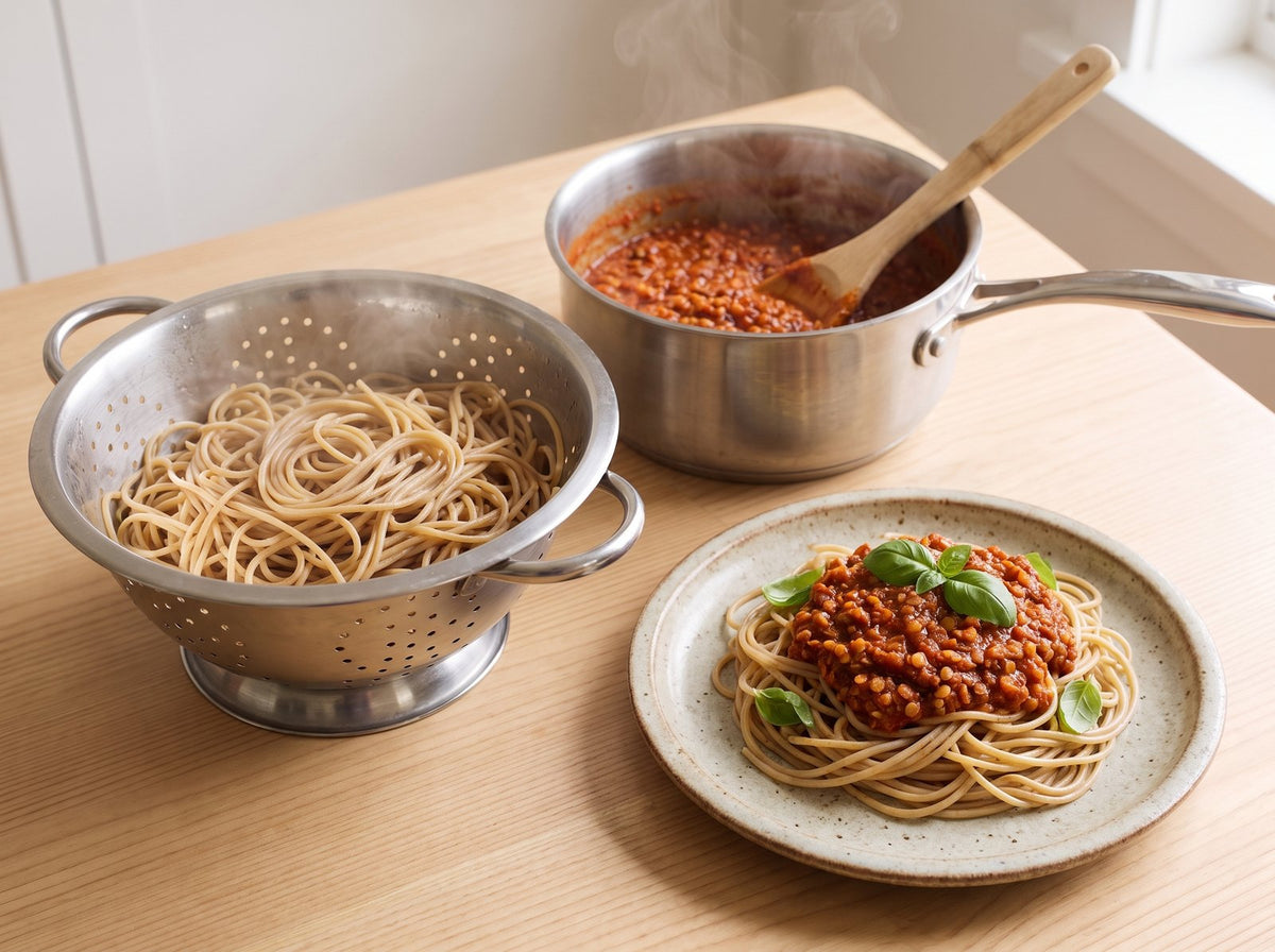 Season the sauce to taste, serve with the spaghetti and garnish with...