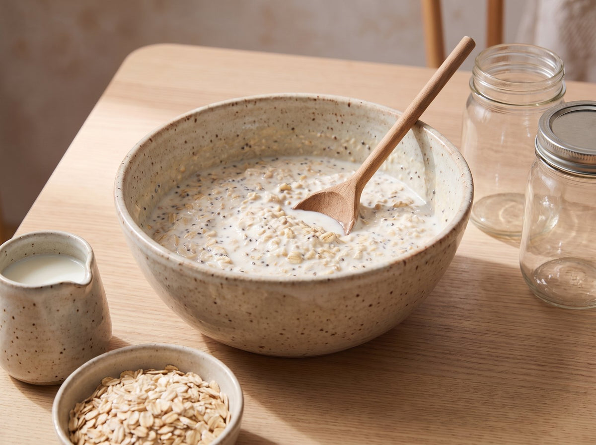 Mélange les flocons d’avoine, le skyr, le lait, la protéine en poudre,...