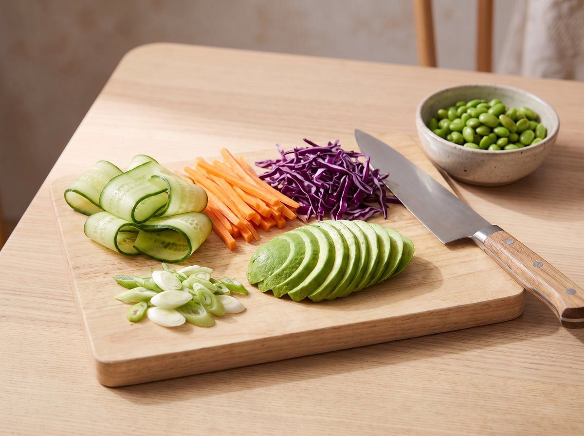 Cook the edamame in boiling water for 3 minutes. Cut the cucumber,...