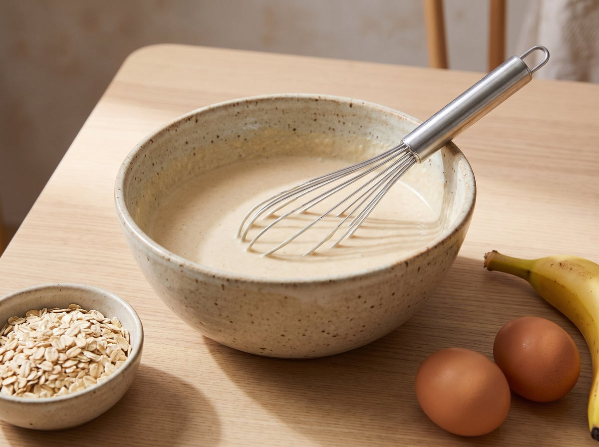 Finely grind the oats in a blender. Add the banana, eggs, skyr,...