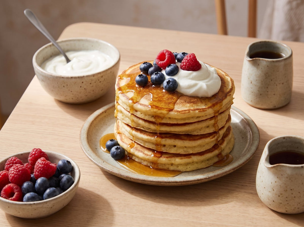 Stack the pancakes, top with skyr, berries and zero syrup and garnish...
