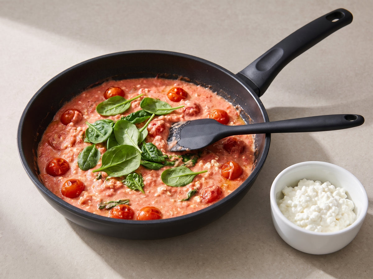 Edamame-Pasta mit Tomaten-Hüttenkäse-Sauce – Sauce mit Hüttenkäse rühren