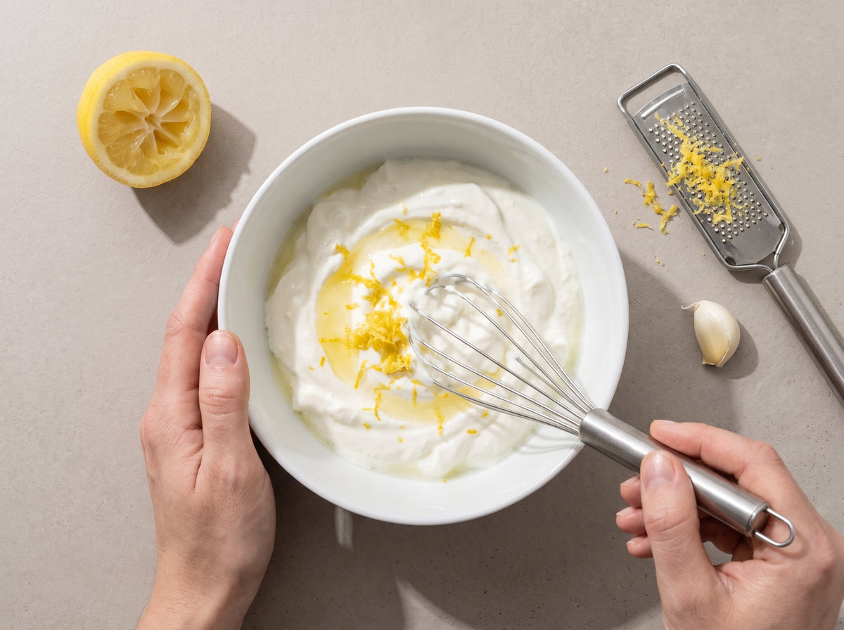 Joghurt-Gurken-Dip mit Zitrone – Skyr mit Zitrone glatt rühren