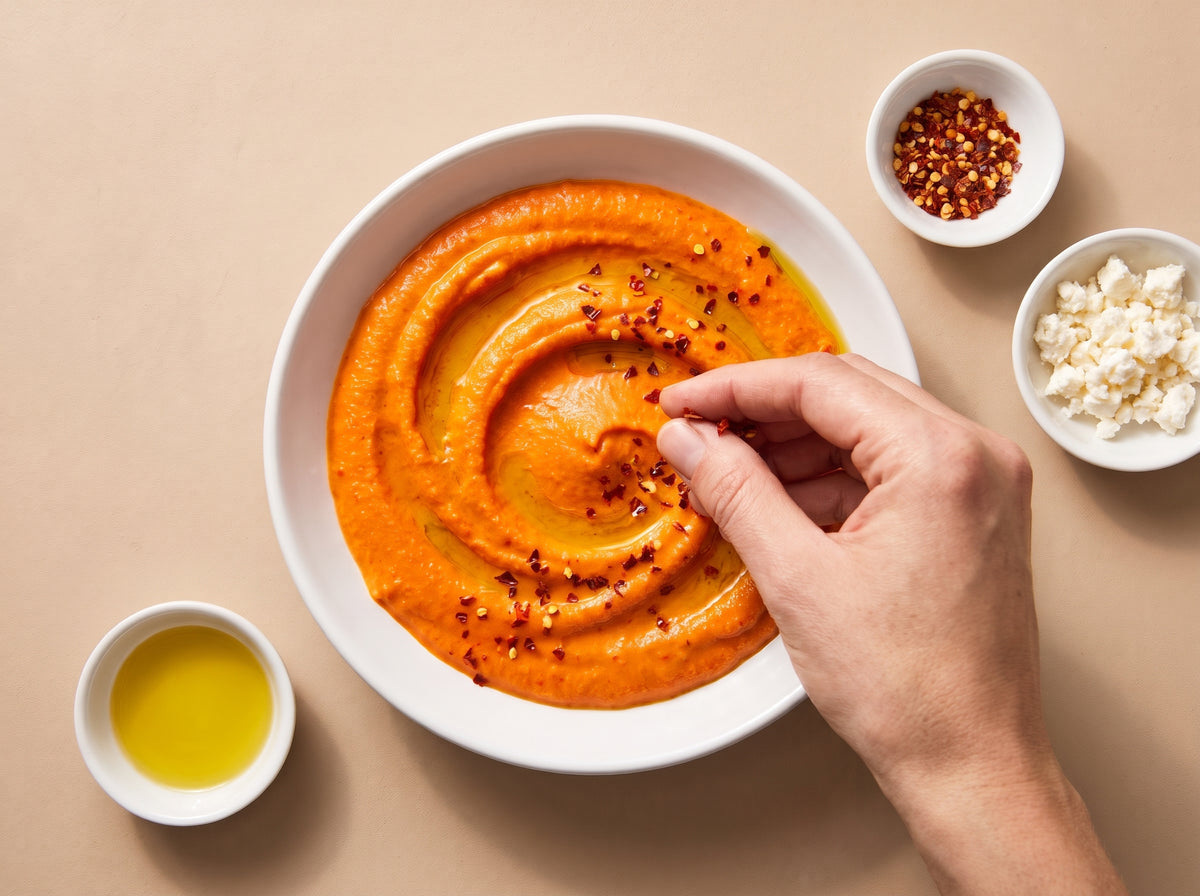 Paprika-Feta-Dip – Mit Chiliflocken bestreuen