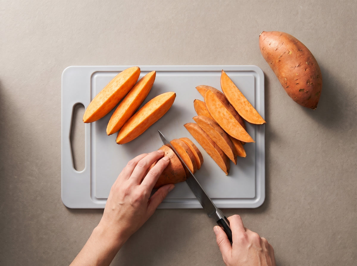 Süsskartoffel-Wedges aus dem Ofen – Süsskartoffeln in Spalten schneiden