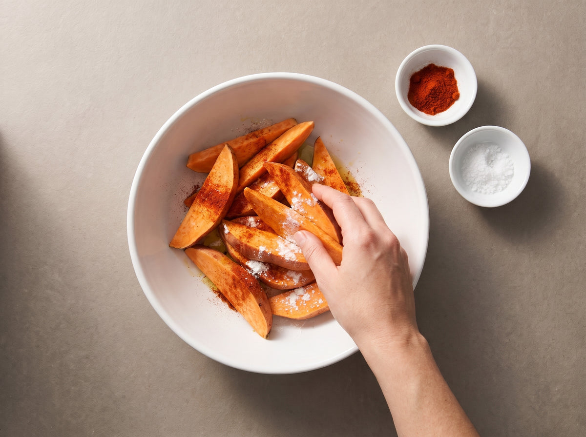 Süsskartoffel-Wedges aus dem Ofen – Spalten würzen