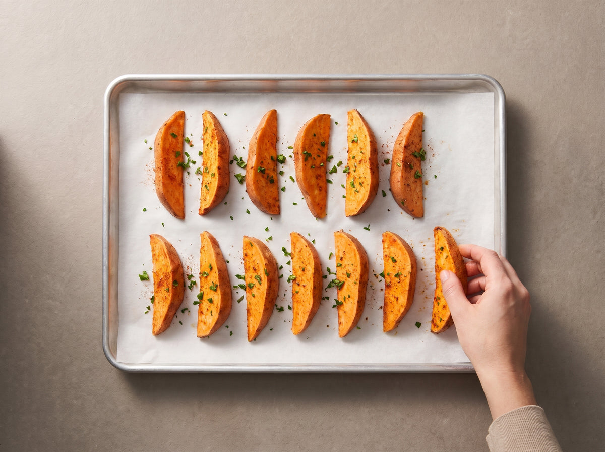 Süsskartoffel-Wedges aus dem Ofen – Mit Abstand aufs Blech legen