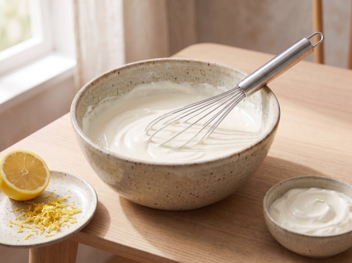 Mélange le skyr, le fromage frais, la protéine en poudre, le sirop...